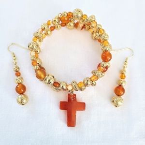 Piece #466 "Courageous" Gold Lava Stone Carnelian Bead Handmade Bangle Bracelet